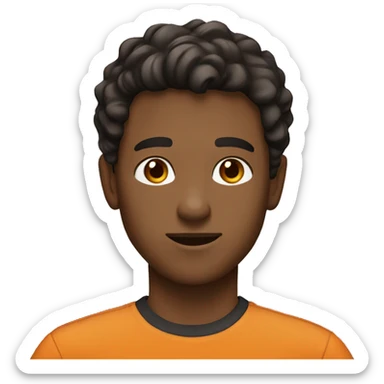 young man with dark brown eyes and dark brown hair wavy. orange shirt sticker