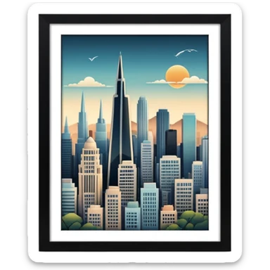 create an image of san francisco skyline in the tech future - no car, use art deco sticker