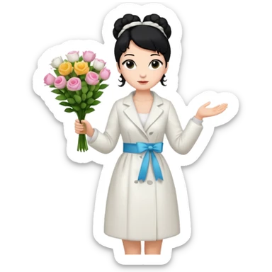 Chica blanca,cuerpo entero, vestido fiesta blanco ,manga larga ,con abrigo blanco ,pelo negro,    ramo de flores una mano, pelo recogido en moño alto sticker