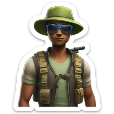 Boy with sunglasses and cap in fortnite with sniper sticker