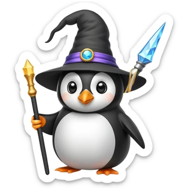 penguin wearing a wizard hat and holding a magic wand sticker