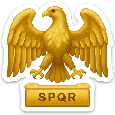 roman eagle in gold with the letters "S P Q R" on the bottom in a golden box. no background, sharp outline and low pixel count to use it as an emoji sticker