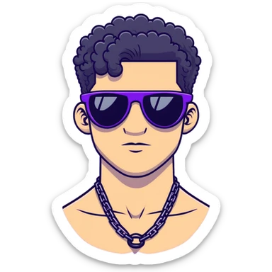 shirtless male athlete with white skin and moderately curly black hair on top with shaved sides, wearing purple sunglasses with very dark heavily tinted black lenses that completely hide the eyes, and a plain black chain necklace sticker