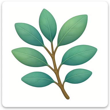 Edit the image to make the branch shorter while keeping the green eucalyptus leaves with a tinge of blue. The style should resemble emoji style with simple and concise features. sticker