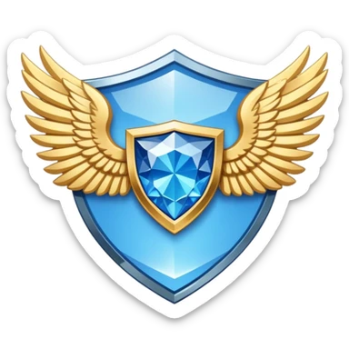 Simplified shield with small wings and a blue diamond in the center and VIP text, minimalist clean design sticker
