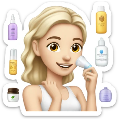 White girl doing her skincare with skincare products  sticker