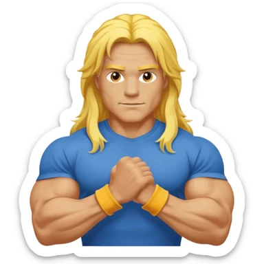 guy with biceps, long yellow hair, blue t-shirt sticker
