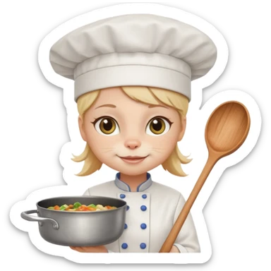 White girl cat with a chef hat holding a pan while smiling sticker