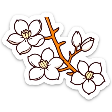 Artistic Japanese Magnolia kobus (kobushi) blossom with elegant composition reminiscent of kimono patterns, white star-shaped flowers on dark branch, gold accents, soft blue background sticker