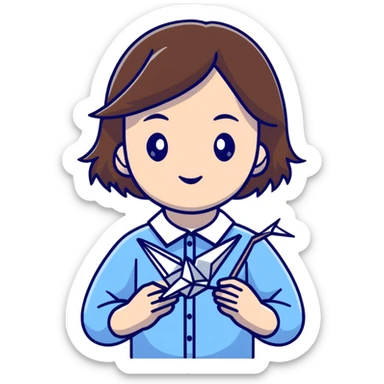 A Ukrainian young girl with brown hair wearing a white embroidered shirt holds an origami blue crane sticker
