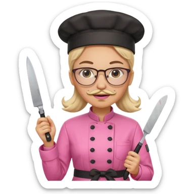 female italian chef, pink uniform, with mustace, wearing glasses, holding knife sticker