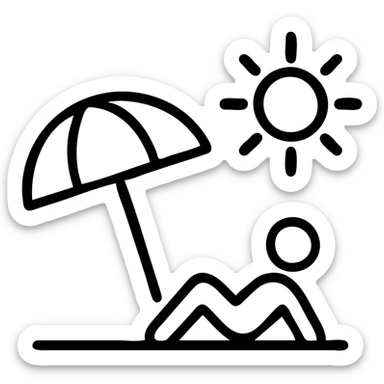 minimal icon of a beach umbrella, sun, and a person, all in basic outline sticker