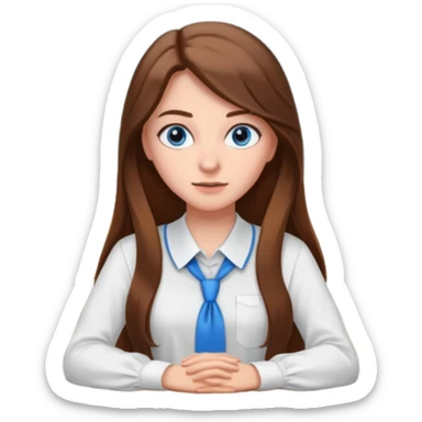 high school class room with a pretty female high school student with long brown hair, blue eyes sticker