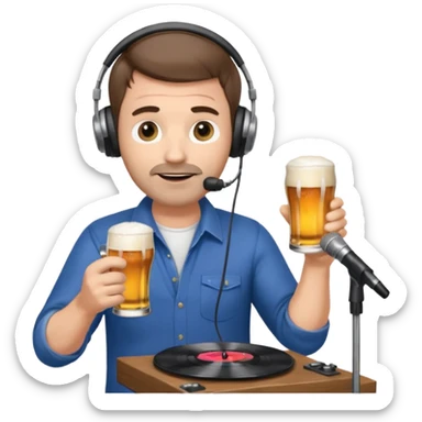 a middle aged white male radio presenter, with short brown hair and slightly unshaven, wearing headphones, speaking into a microphone, with a beer in his right hand and vinyl record in his left hand sticker