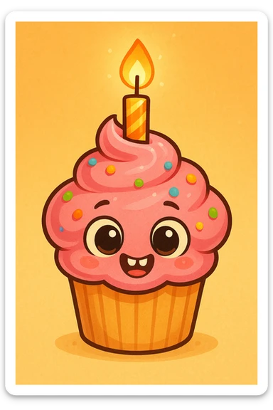 A cupcake with pink frosting, big eyes, two teeth, and a lit candle on top sticker