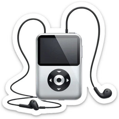 Futuristic iPod emoji with earphones, metallic black and white, smooth reflective surfaces, flat minimal vector design, clean UI style sticker