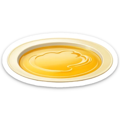 chicken broth puddle, small, glossy, golden-yellow, translucent, slightly oily, soft ripples, rich color, subtle poultry and vegetable tones, no bowl or extras, soft lighting, emoji scale sticker