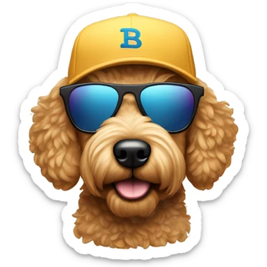 Golden doodle wearing sunglasses and a backwards hat sticker