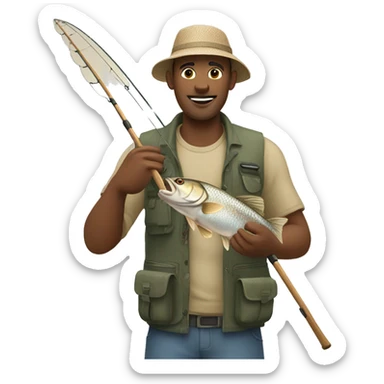Skin colored man fishing, holding a fish and a fishing rod sticker