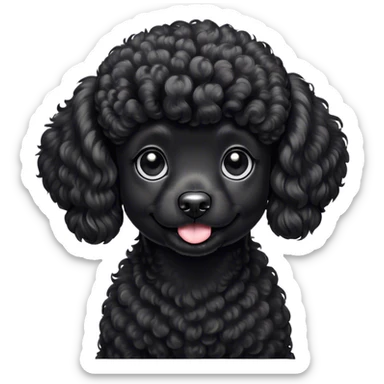 Cinematic Cute Black Poodle Portrait Emoji, Head tilted playfully and inquisitively, showcasing a bouncy, curly jet-black Fur with a striking sheen, round, sparkling dark eyes filled with curiosity, Simplified yet irresistibly adorable features, highly detailed, glowing with a warm, friendly glow, high shine, affectionate and lively, stylized with a touch of whimsy, bright and endearing, soft glowing outline, capturing the essence of a mischievous yet loving companion, so playful it feels like it could bounce out of the screen and into your arms! sticker