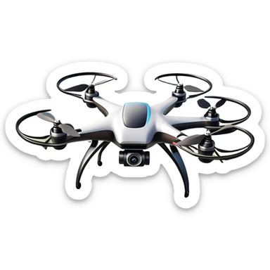 An icon showing a racing quadcopter drone in the foreground, flying at high speed through a course filled with obstacles and checkpoints. Other drones zoom in the background over a dynamic landscape. Transparent background highlights the thrill and precision of drone racing. sticker