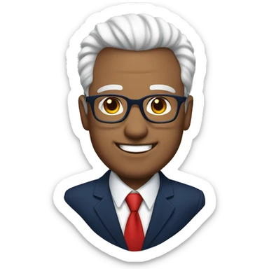 A heavy man, white skin, white hair, with glasses, no beard, smiling with teeth, and wearing a navy blue suit and red tie sticker