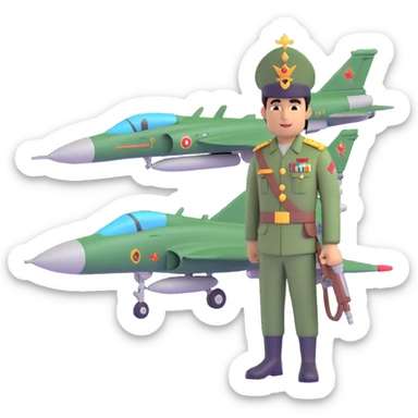 Pakistani soldier with a regal king's hat grasping an Indian fighter jet, cartoon style sticker
