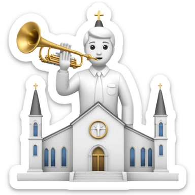 Mormonism all white church building with statue of man holding trumpet on the top sticker