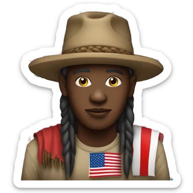 African tribe member with a red hat and an American flag with a dirt hut sticker