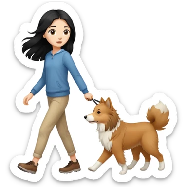 A girl with long black hair walking with a light brown collie sticker