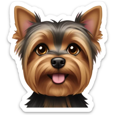 Yorkie Dog with Brown and black fur and brown eyes with short hair with a pink collar sticker