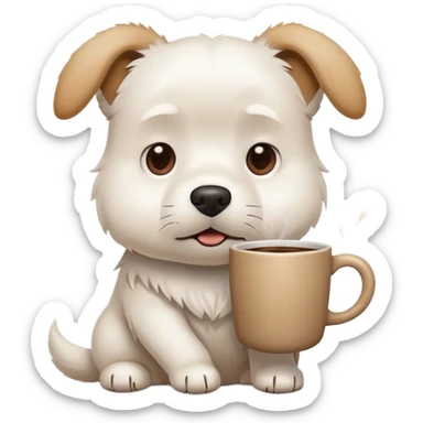 A white dog holding a coffee cup looking stressed and busy sticker