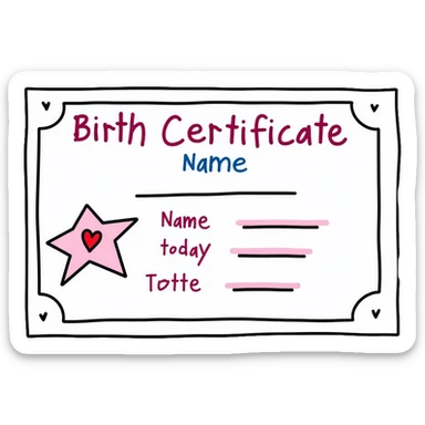 Birth certificate document with name and date fields sticker