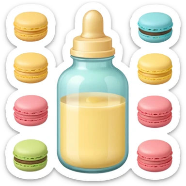 A cute baby bottle with a light yellow nipple and cute stickers on the bottle body. Macaron color palette sticker