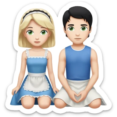 Prince, standing, black hair, blue eyes, and maid, blonde Hair, green eyes, white short sleveless dress, kneeling  sticker