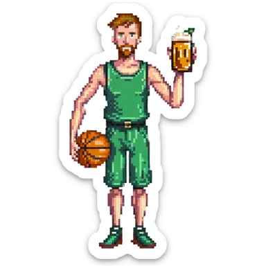 Thin man with basketball and beer sticker