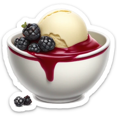 Vanilla ice cream in a bowl with hot berrie sauce on top and berries sticker