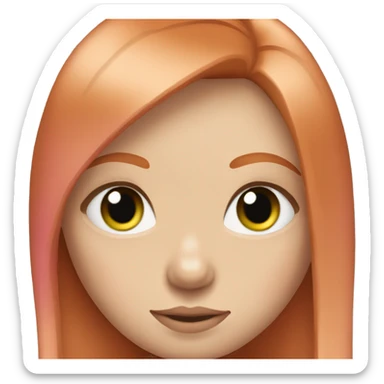 ginger girl, green eyes eyes, shoulder lenght straight hair with bangs, wearink pink  sticker