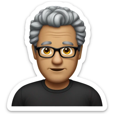 55 year old man overweight curly thinning hair white wearing black dress shirt black rim square glasses  sticker