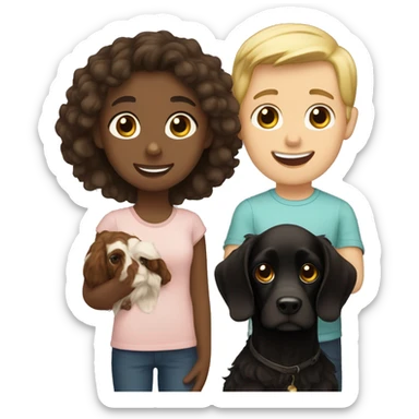 Brown haired girl and a blond haired boy both holding a black coker spaniel  sticker