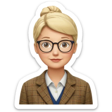 older teacher with blonde bun and glasses sticker
