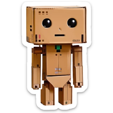 small cardboard robot named Danbo standing alone in a softly lit room, square head with two round black eyes and a small rectangular mouth, folded cardboard body, jointed arms and legs, warm wooden floor, soft shadows, cartoonish, clean lines, pastel colors, cozy and nostalgic atmosphere sticker