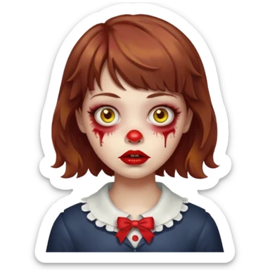 FAÇA UMA PERSONAGEM FOFA COM NARIZ DE BOLINHA AVERMELHADO CLARO E ZUMBI CABELO MARRON ONDULADO E FRANJA CURTA   COMO SE NÃO SOUBESSE OQ FEZ LÁBIOS CLAROS FECHADOS E OLHOS AMARELOS sticker