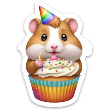 Brown hamster eating a vanilla cupcake with rainbow sprinkles  sticker