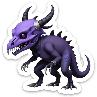 Shiny Dark Edgy  Duskull-Salandit-Inteleon-Amaura-Fakémon-hybrid-creature (full body) with a horned animal-skull-mask sticker