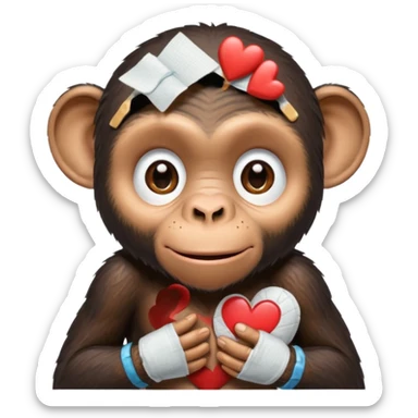 teary-eyed cartoon chimpanzee holding a broken heart and applying bandaids sticker