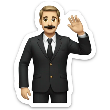 Man in dark suit with short mustache saluting sticker