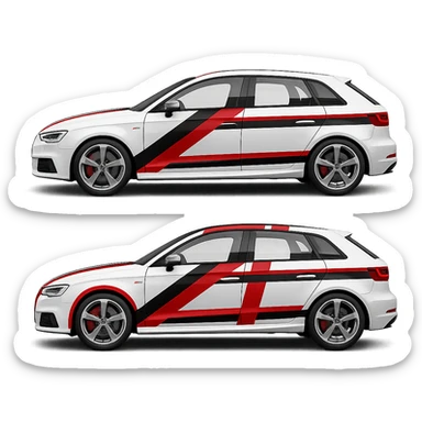 Add bold racing stripes to the white Audi S3 8V. Keep the background transparent. Maintain the car's original style and details. sticker