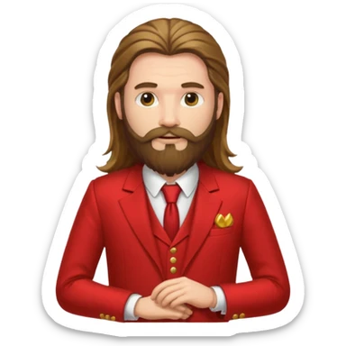 long haired bearded man with red suit sticker