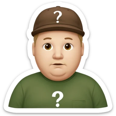 white fat man with brown cap and green t shirt printeed a question mark sticker